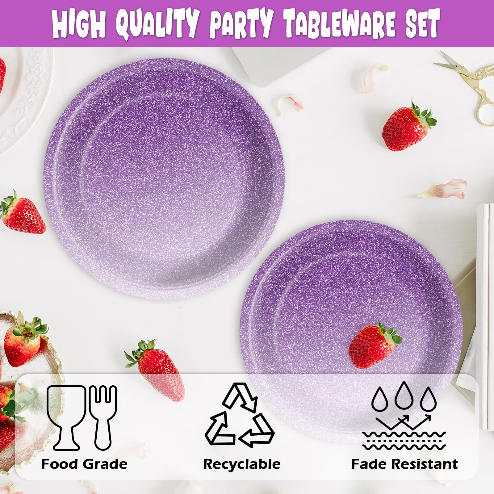 96Pcs Ombre Purple Party Decorations Supplies for Birthday Tableware Set Light Pastel Purple Paper Plates Napkins Forks for 24 Guests Wedding Anniversary Lavender Dinnerware Table Party Favors