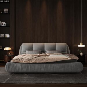 olodumare luxury king size upholstered platform bed with oversized padded backrest, soft frame cloud bed,thickening pinewooden slats and metal leg,grey