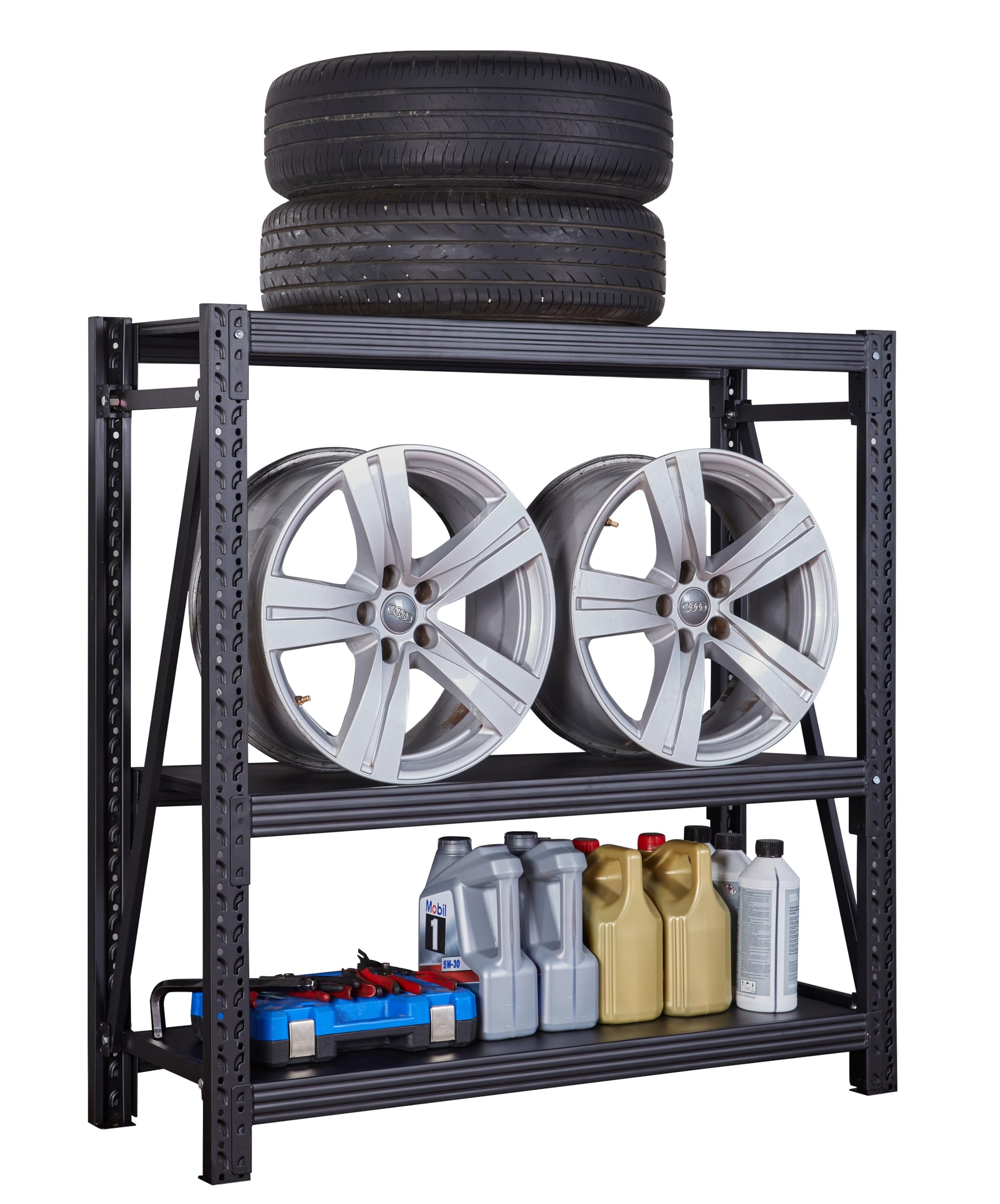 BIBKOK Garage Shelving Rack,3-Tier Industrial Shelving,Adjustable Warehouse Storage Rack,Heavy Duty Workshop Shelf for Basement Supermarket(N120,Black)