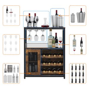 IDEALHOUSE 3-Tier Wine Bar Cabinet with Detachable Wine Rack and Storage Space, Buffet Cabinet with Glass Holder and Mesh Door, for Kitchen, Living Room and Bar (Rustic Brown)