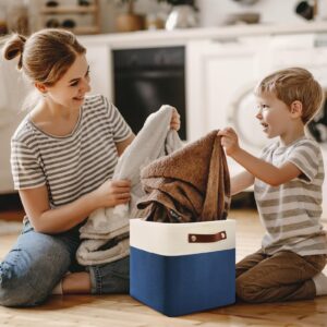 Patvingot 13 Inch Cube Storage Bins,Set of 4 , Foldable Storage Basket with PU Handles for Organizing Home, Closet,Clothes, Toy, Book,Laundry,Office, Organizers for Shelves (White&Blue)