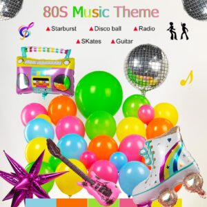 80S Music Themeballoon garland arch kit 150pcs hot pink blue green with guitar disco ball star mylar balloon for back to 80s 90s retro disco Birthday party graduation decorations