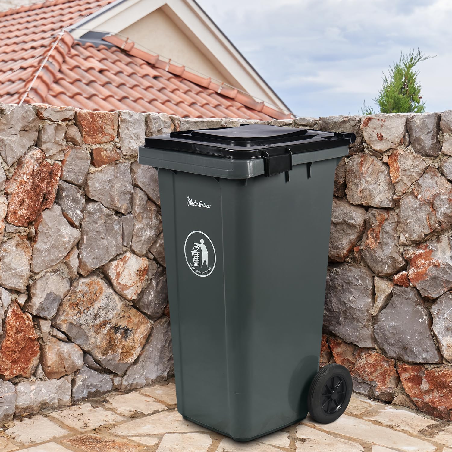 32 Gallon Large Outdoor Trash Can with Lid Snap-Lock - Outside Plastic Rolling Garbage Can and Wheels- Rollout Commercial Heavy-Duty Container Barrel