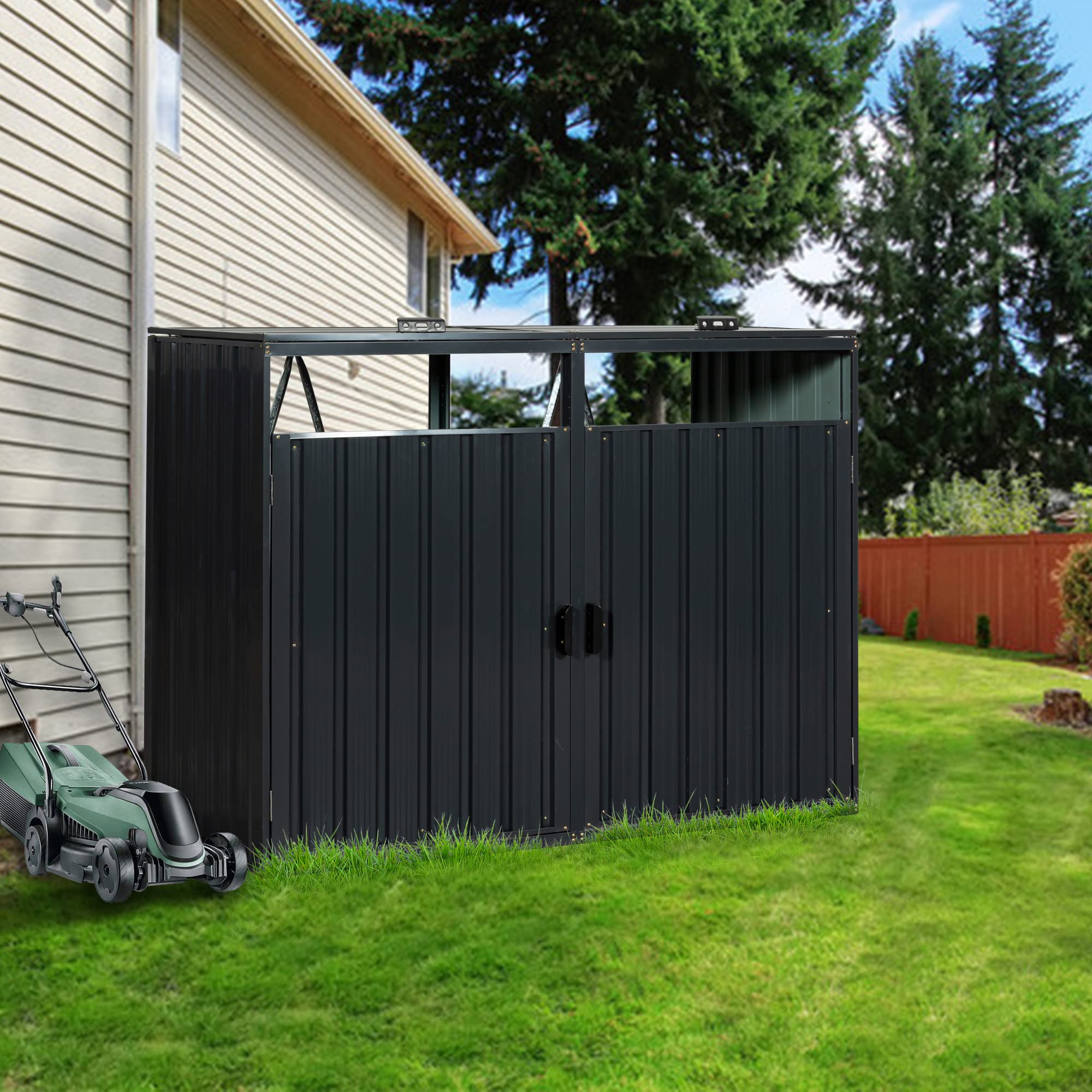 Metal Outdoor Garbage Bin Storage Shed, Rpuzonier Trash Bin Storage Shed with Doors and Lifting Lids, Tool Storage Shed for Garden Yard Lawn (for 2 Cans)