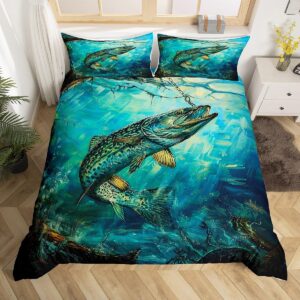 Feelyou Hunting and Fishing Pattern Duvet Cover Big Pike Fishing Bedding Set for Kids Underwater Animals Theme Comforter Cover Rustic Farmhouse Bedspread Cover Bedroom Collection 2Pcs Twin Size