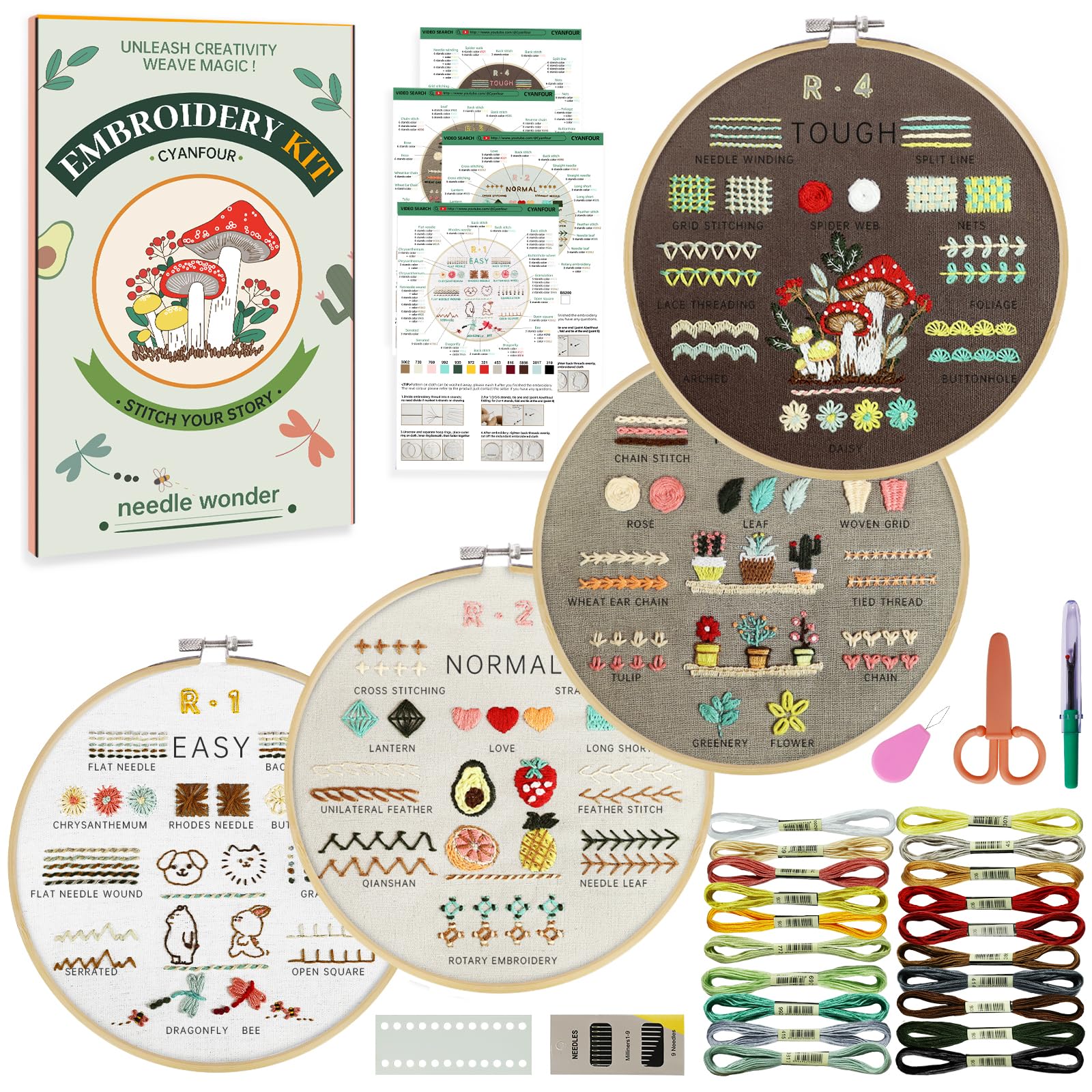 CYANFOUR 4 Stage Embroidery Kit for Beginners Adults, Easy to Learn 38 Different Stitches from Instruction & Video, Needlepoint Kits for Adults with Stamped Embroidery Patterns.