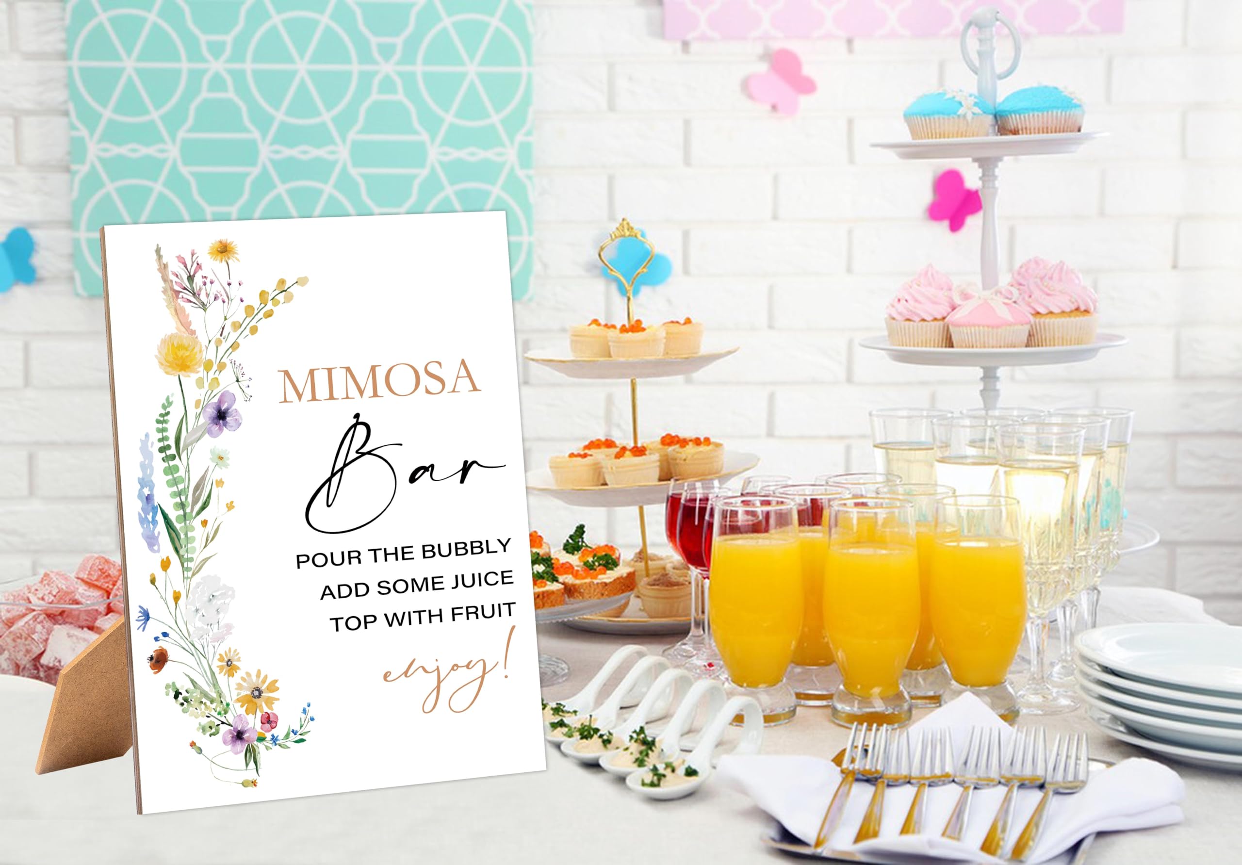 Boho Wildflower Bridal Shower Mimosa Bar Sign, Table Decor Bridal Shower Sign, Pack of 1 Wooden Tabletop Sign with Stand, Bridal Shower Decorations, Wedding Shower Supplies - XG05