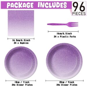 96Pcs Ombre Purple Party Decorations Supplies for Birthday Tableware Set Light Pastel Purple Paper Plates Napkins Forks for 24 Guests Wedding Anniversary Lavender Dinnerware Table Party Favors