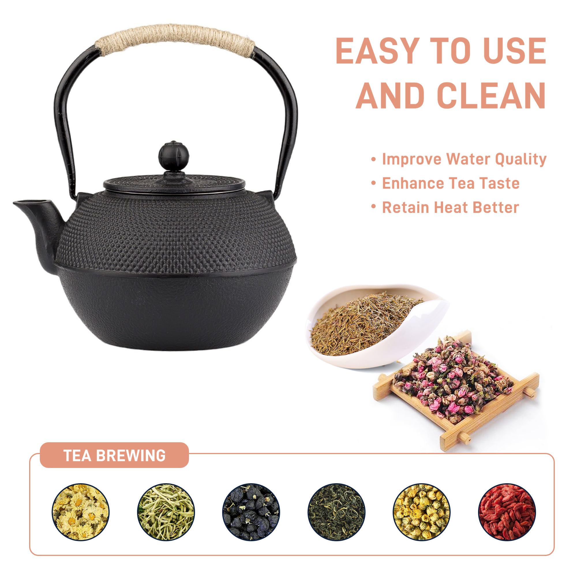 SECHUDO Japanese Tetsubin Cast Iron Teapot Tea Kettle pot with Stainless Steel Infuser for Stovetop Safe Coated with Enameled Interior (Black, 1200ml)