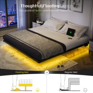 OLEVS Floating Bed Frame King Size with LED Lights and Charging Station - Metal Platform Bed Frame, No Box Spring Needed, Easy Assembly