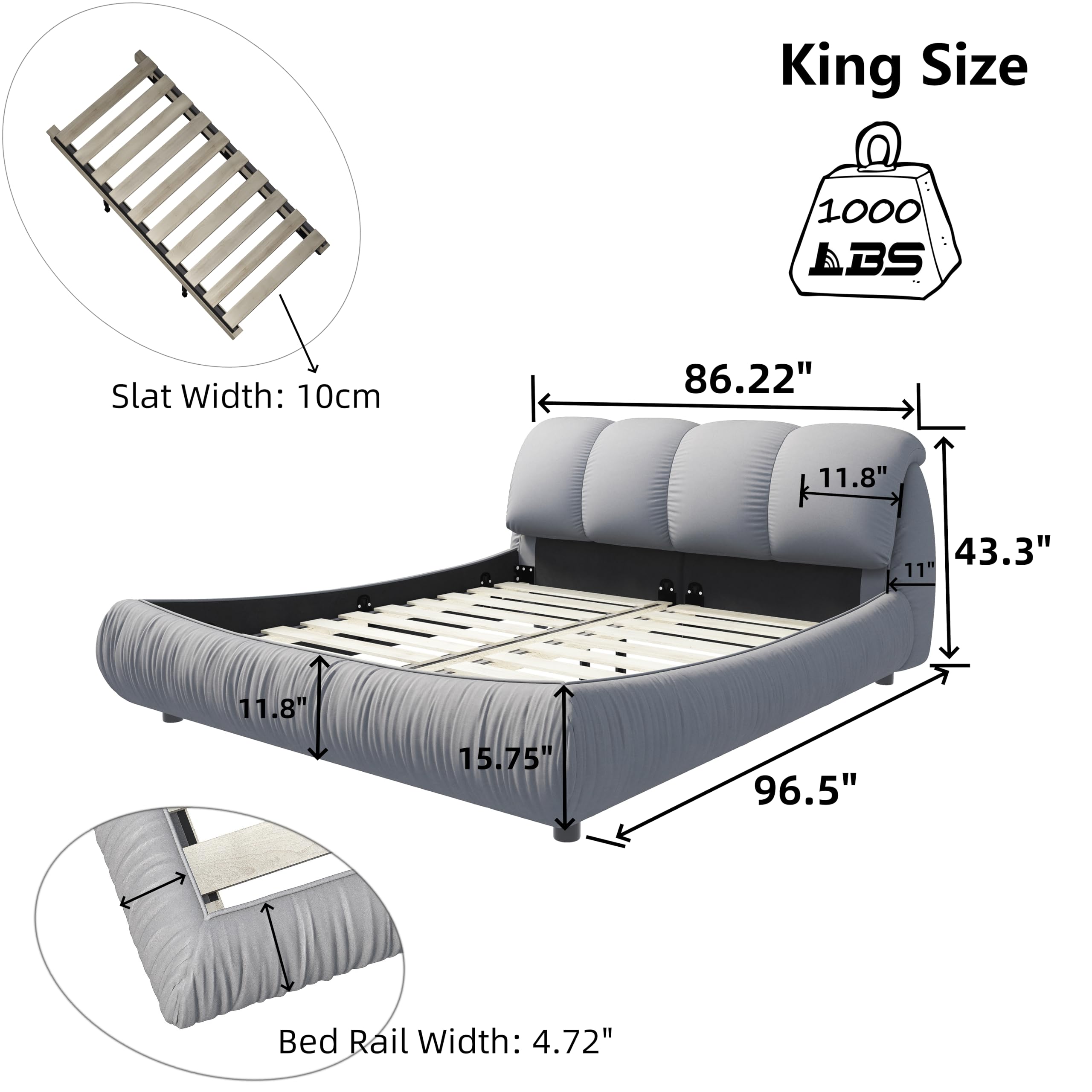 Olodumare Luxury King Size Upholstered Platform Bed with Oversized Padded Backrest, Soft Frame Cloud Bed,Thickening Pinewooden Slats and Metal Leg,Grey