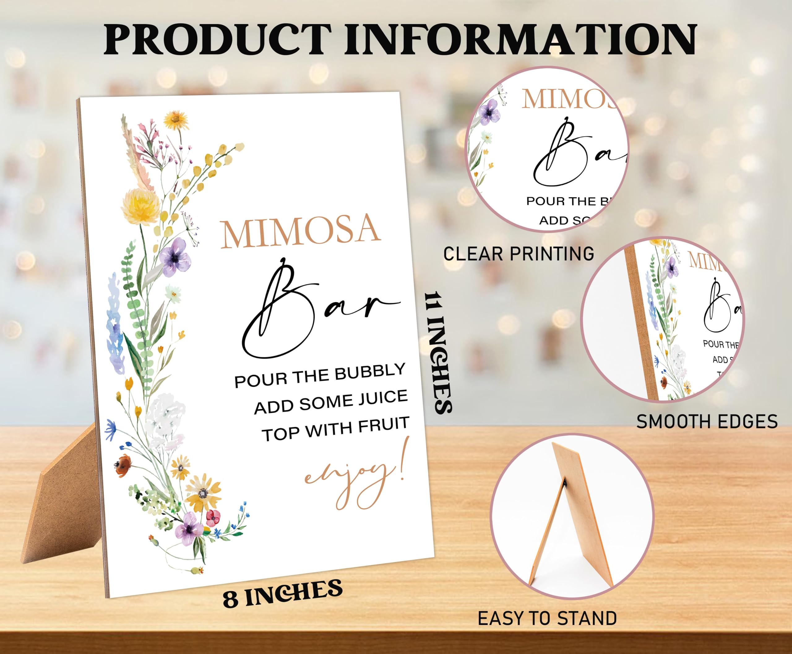 Boho Wildflower Bridal Shower Mimosa Bar Sign, Table Decor Bridal Shower Sign, Pack of 1 Wooden Tabletop Sign with Stand, Bridal Shower Decorations, Wedding Shower Supplies - XG05