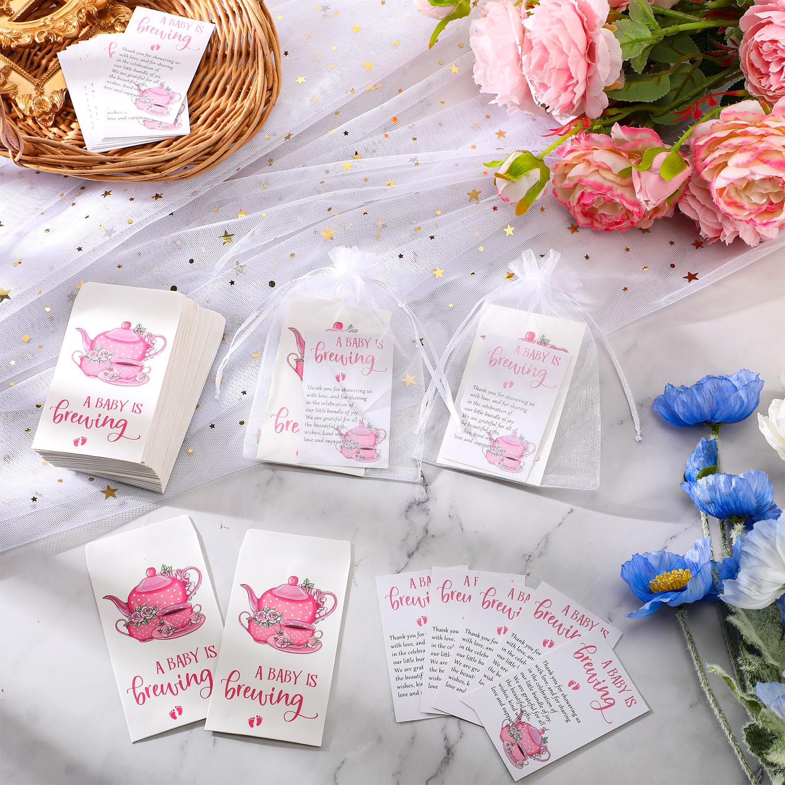 Spakon 50 Sets Baby Shower Tea Party Favors Baby Party Gift Include a Baby Is Brewing Tea Bags Baby Brew Bag Thank You Cards and Organza Bags Baby Shower Favors for Guests Gender Reveal, No Tea (Pink)