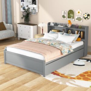 Full Size Bed Frame with Trundle,Captain’s Bed Full with Bookcase Headboard for Kids,Trundle Bed with Storage for Kids,Teens,Adults(Grey)