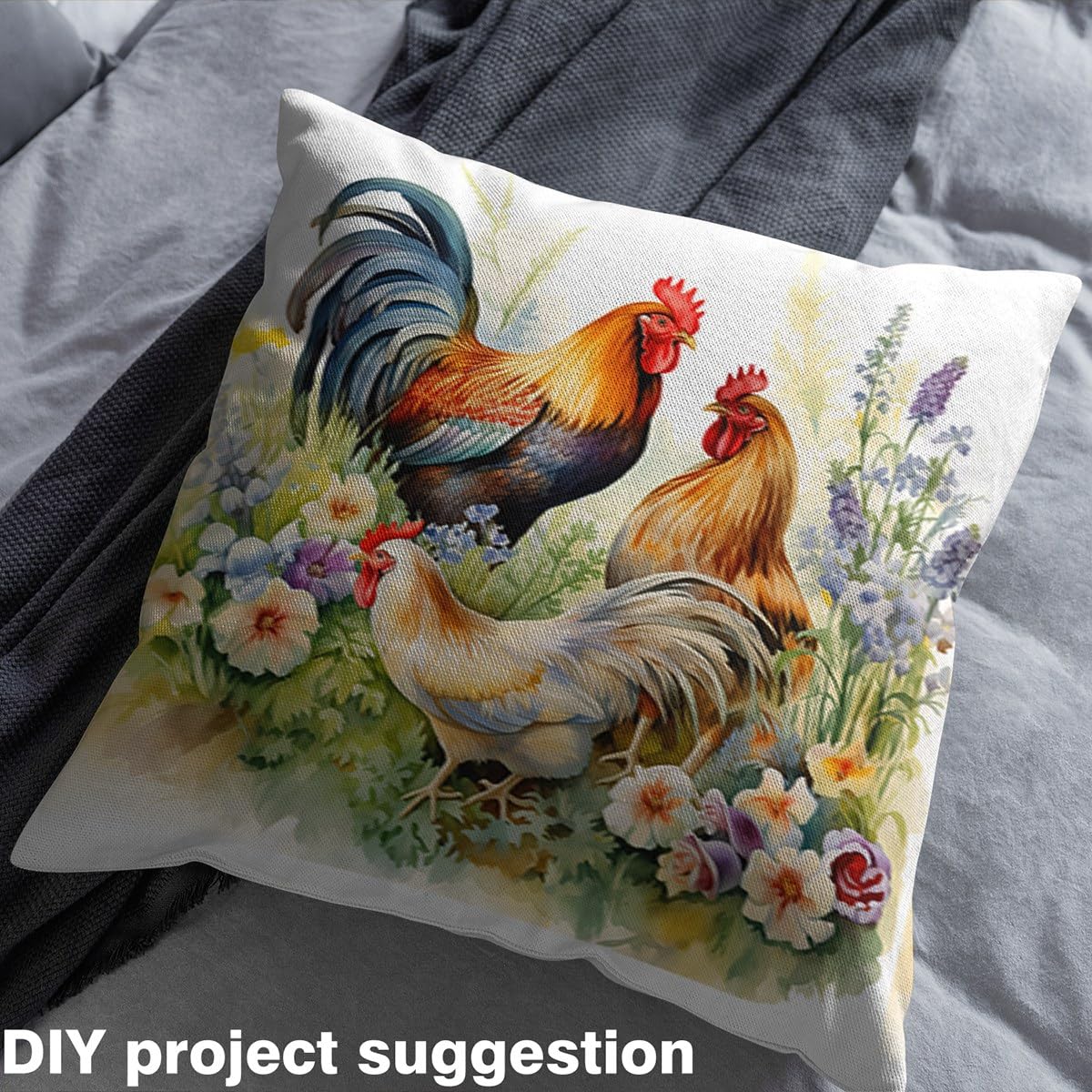 Erosebridal Rustic Farmouse Chicken Fabric by The Yard,Rainbow Rooster Decorative Fabric,Colourful Floral Upholstery Fabric,Farm Animals Outdoor Fabric,Oil Painting Style Fabric for Home,1 Yard