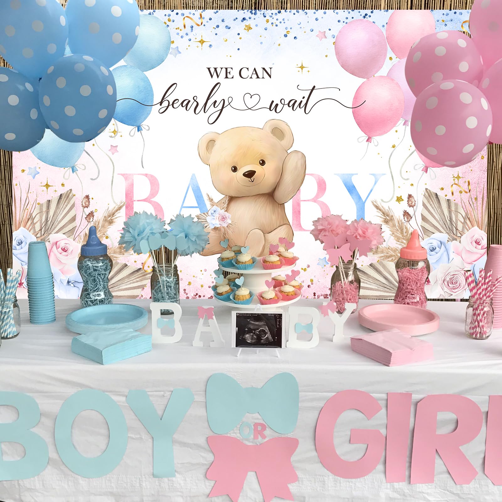 Avezano Boho Bear Gender Reveal Backdrop Banner Boho Floral We Can Bearly Wait Gender Reveal Decorations Pampas Grass He or She Baby Shower Party Decor 70.8 x 43.3 Inch