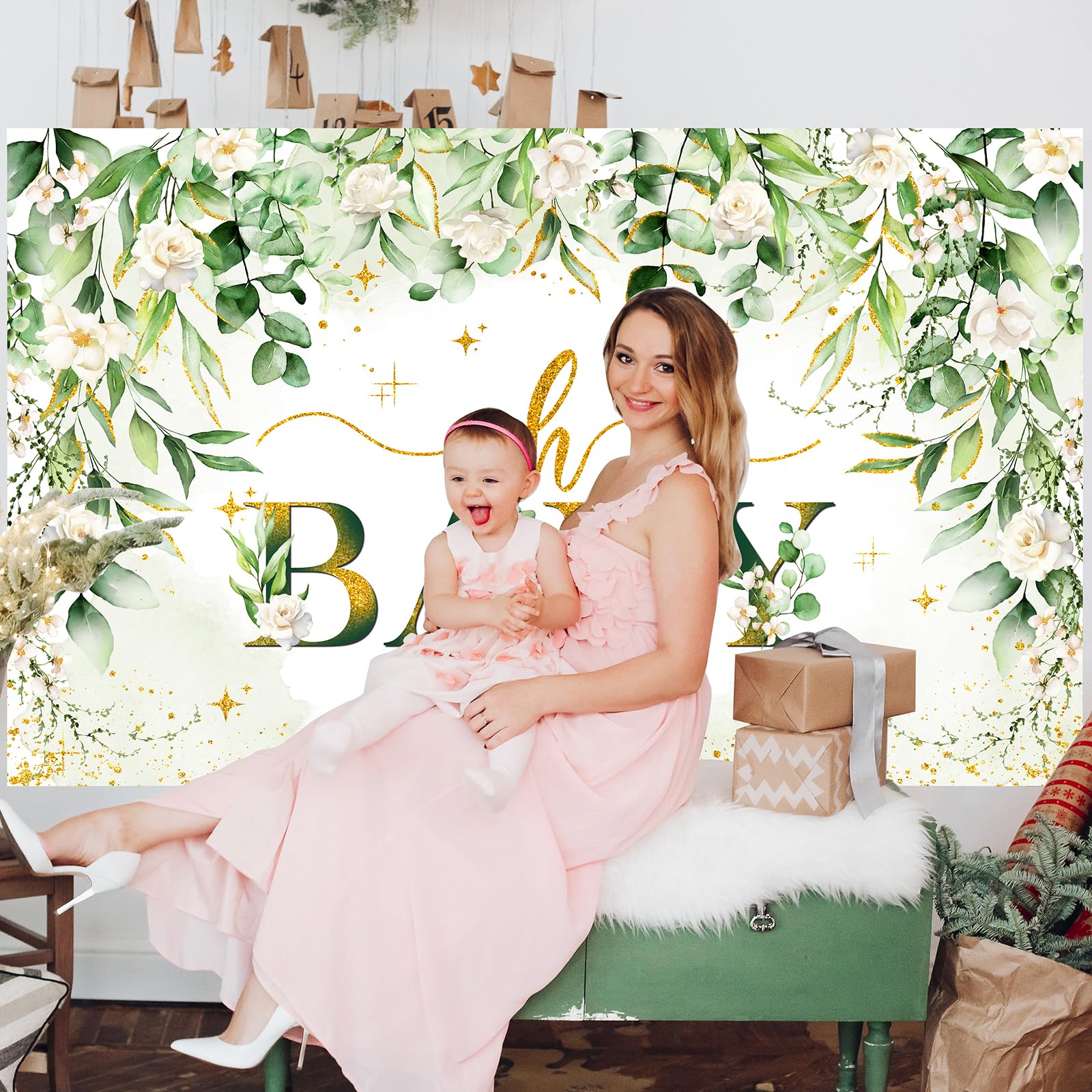 Avezano Greenery Boy Baby Shower Decorations Banner Floral Green Sage Oh Baby Backdrop Gold Glitter Greenery Leaves Gender Neutral Baby Shower Decorations 70.8 x 43.3 Inch