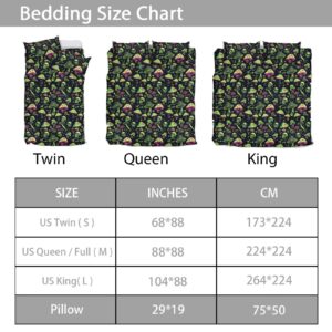 Twousenru Mushroom Duvet Cover Set Queen Size Green Trippy Mushrooms Comforter Cover with Skulls Print Home Bedding Quilt Cover 3 Pieces with 2 Pillowcases