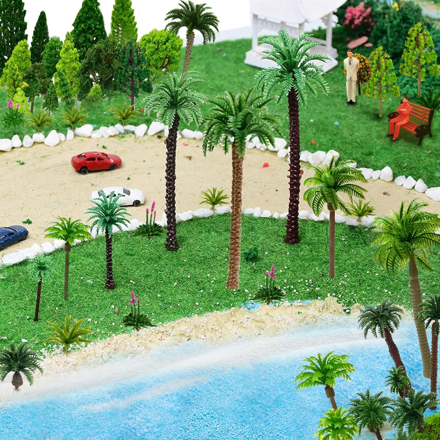 QuarenDen Model Trees, Miniature Trees, 38Pcs, Architecture Trees, Palm Trees with Sand for DIY Scenery Landscape, Model Train Scenery