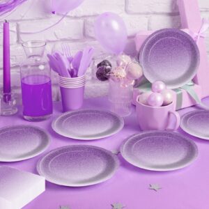 96Pcs Ombre Purple Party Decorations Supplies for Birthday Tableware Set Light Pastel Purple Paper Plates Napkins Forks for 24 Guests Wedding Anniversary Lavender Dinnerware Table Party Favors