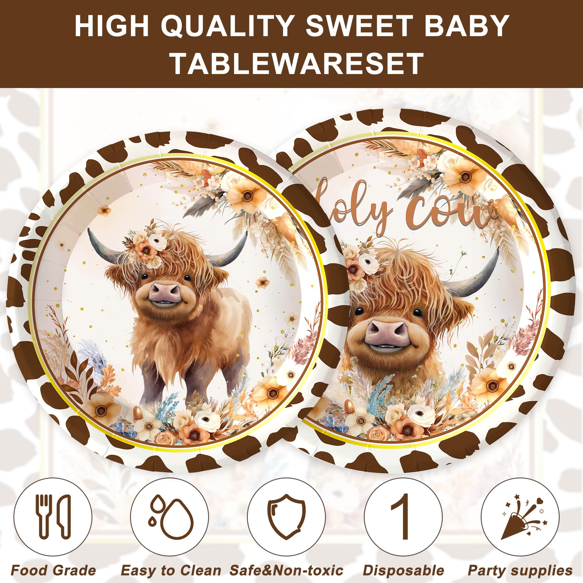 120PCS Boho Highland Cow Party Supplies for Boys girls Holy Cow Highland Themed Baby Shower Birthday Party Decorations Disposable Tableware Set Plates Napkins Cups Set for 20 Guests