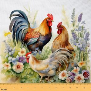 erosebridal rustic farmouse chicken fabric by the yard,rainbow rooster decorative fabric,colourful floral upholstery fabric,farm animals outdoor fabric,oil painting style fabric for home,1 yard