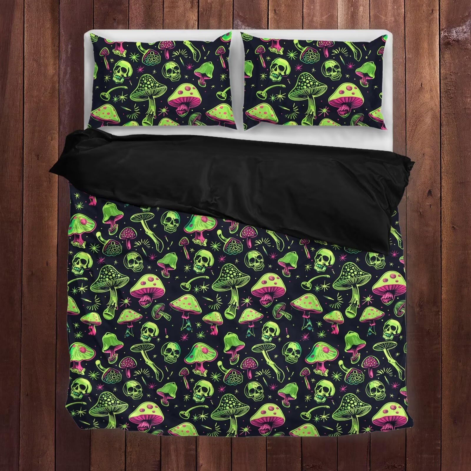 Twousenru Mushroom Duvet Cover Set Queen Size Green Trippy Mushrooms Comforter Cover with Skulls Print Home Bedding Quilt Cover 3 Pieces with 2 Pillowcases