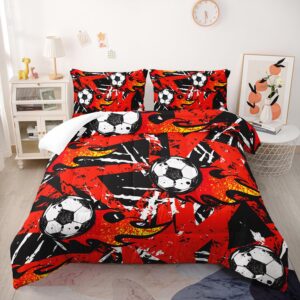 AILONEN Soccer Comforter Set Full Size, Red Flame Black Basketball Pattern Bed in a Bag for Boys Teens Kids Men,Comic Soccer Sports Theme Quilt Set,1 Quilt and 2 Pillowcases,3 Pieces