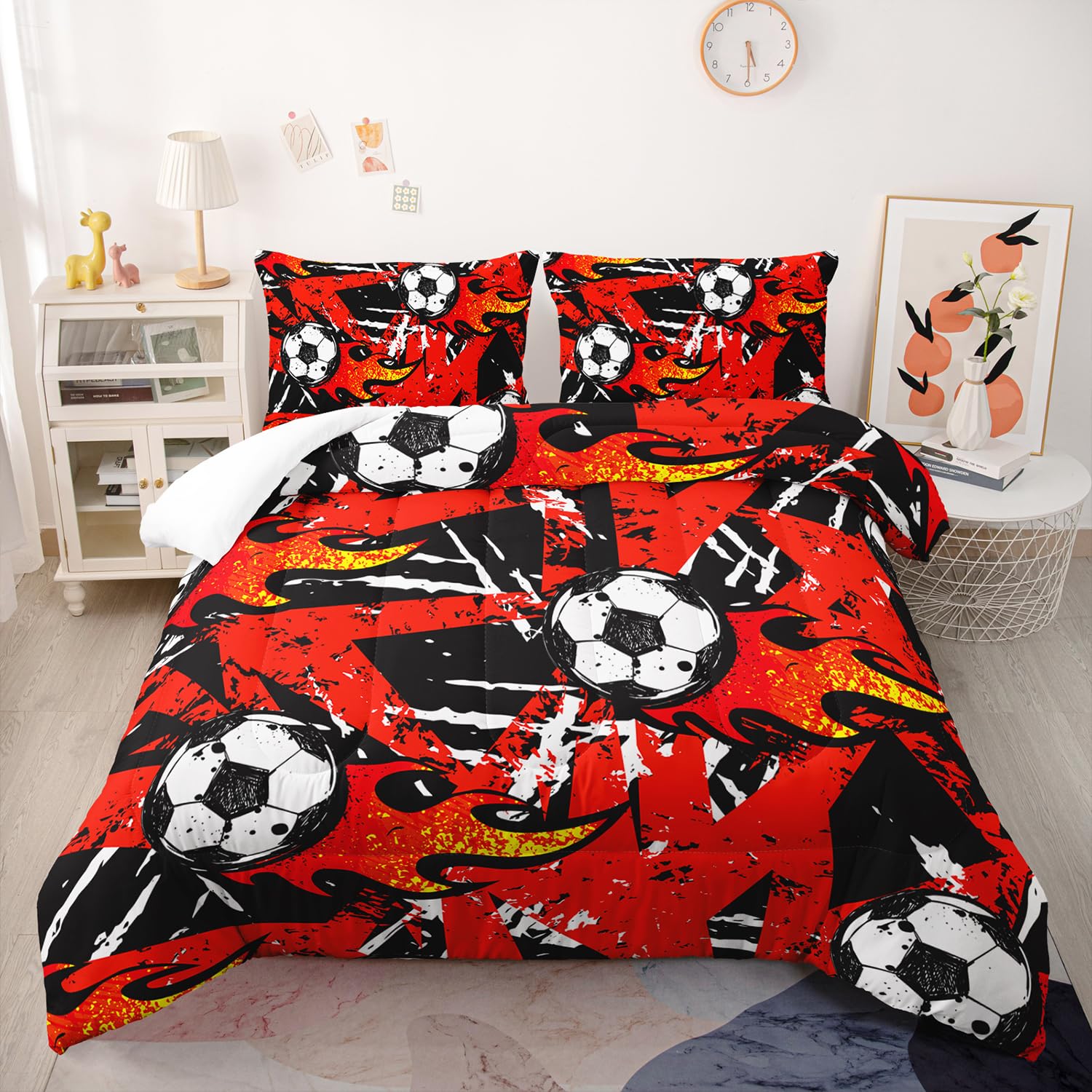 AILONEN Soccer Comforter Set Full Size, Red Flame Black Basketball Pattern Bed in a Bag for Boys Teens Kids Men,Comic Soccer Sports Theme Quilt Set,1 Quilt and 2 Pillowcases,3 Pieces