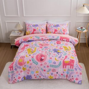 A Nice Night - for Kids Boys Floral Cats Printed on Pink Bedding Set,5Pcs Bed in A Bag Twin Size Comforter Set, Ultra Soft with Pillowcase (Pink)