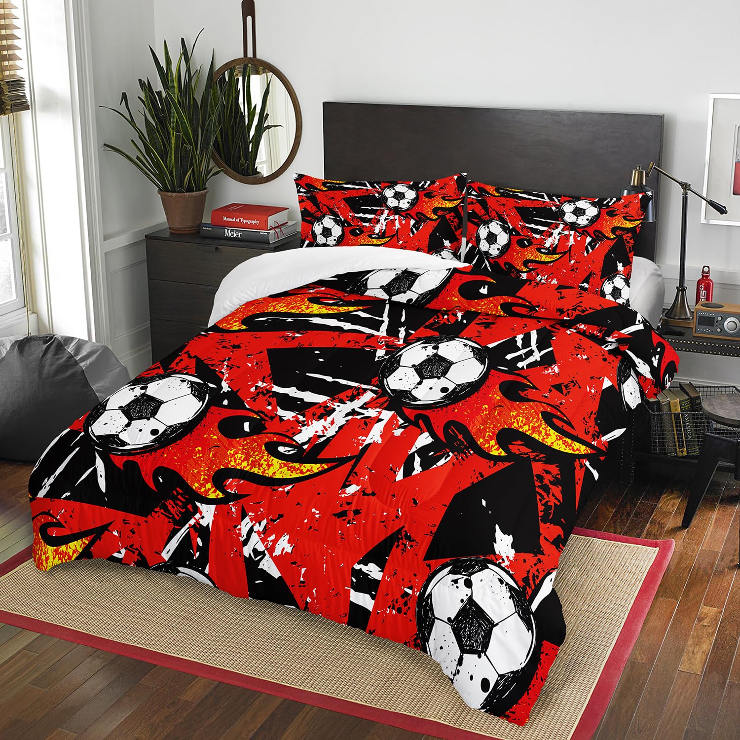 AILONEN Soccer Comforter Set Full Size, Red Flame Black Basketball Pattern Bed in a Bag for Boys Teens Kids Men,Comic Soccer Sports Theme Quilt Set,1 Quilt and 2 Pillowcases,3 Pieces