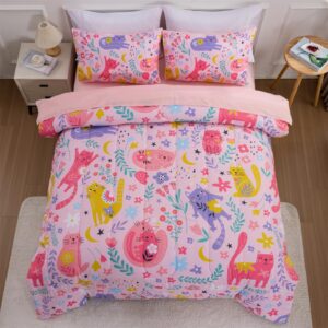 a nice night - for kids boys floral cats printed on pink bedding set,5pcs bed in a bag twin size comforter set, ultra soft with pillowcase (pink)