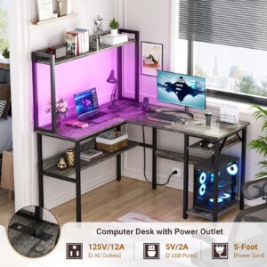 Unikito L Shaped Gaming Desk with LED Strip and Power Outlets, Reversible L-Shaped Computer Desk with Storage Shelves, Corner Desk with Hutch, 2 Person Home Office Desk, Black Oak