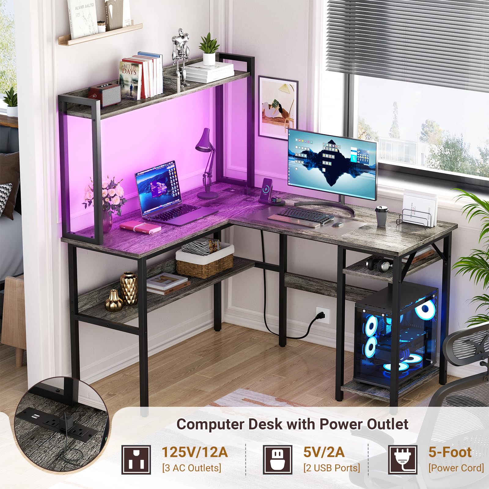 Unikito L Shaped Gaming Desk with LED Strip and Power Outlets, Reversible L-Shaped Computer Desk with Storage Shelves, Corner Desk with Hutch, 2 Person Home Office Desk, Black Oak