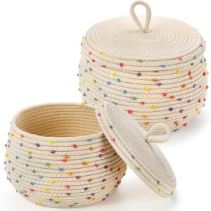 dicunoy set of 2 small basket with lids, decorative woven storage boxes, round cotton rope storage bins for organizer, cute colorful rainbow empty gift containers for snack, towel, yarn, nursery