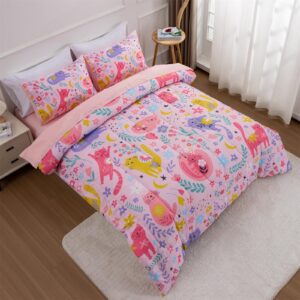 A Nice Night - for Kids Boys Floral Cats Printed on Pink Bedding Set,5Pcs Bed in A Bag Twin Size Comforter Set, Ultra Soft with Pillowcase (Pink)