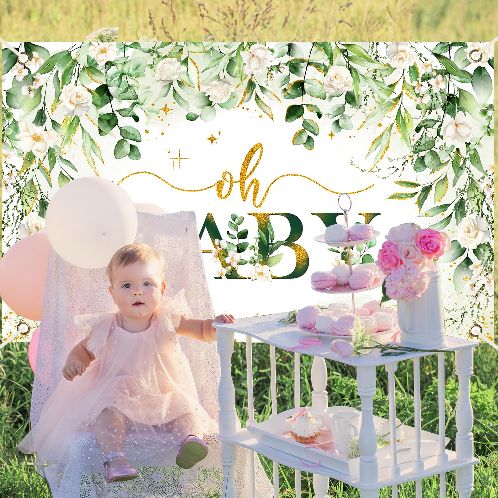 Avezano Greenery Boy Baby Shower Decorations Banner Floral Green Sage Oh Baby Backdrop Gold Glitter Greenery Leaves Gender Neutral Baby Shower Decorations 70.8 x 43.3 Inch