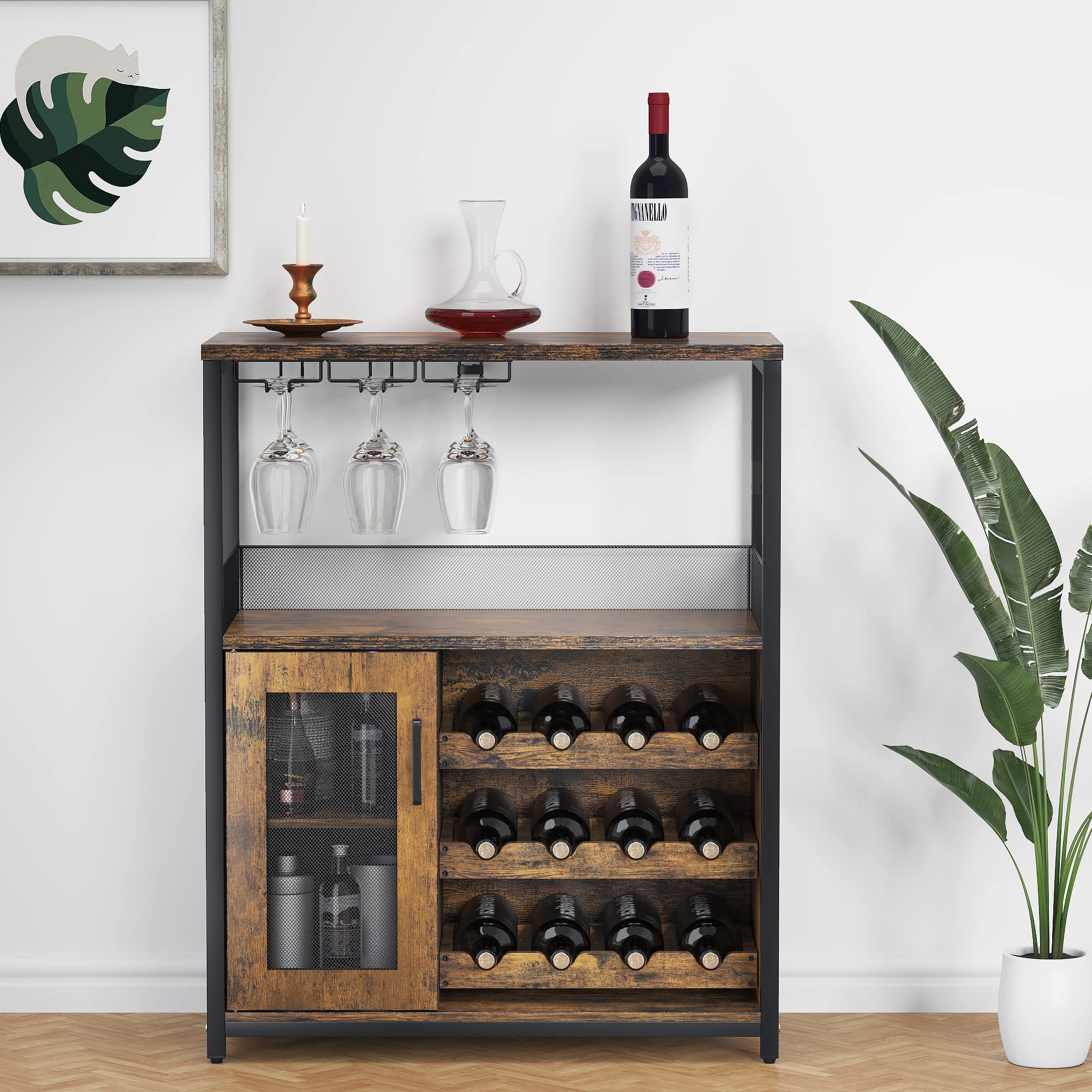 IDEALHOUSE 3-Tier Wine Bar Cabinet with Detachable Wine Rack and Storage Space, Buffet Cabinet with Glass Holder and Mesh Door, for Kitchen, Living Room and Bar (Rustic Brown)