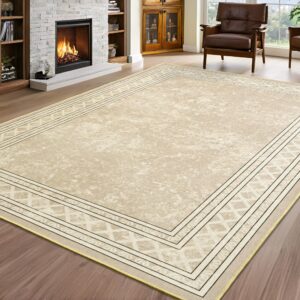 Tepook Modern Bordered 4x6 Area Rugs for Bedroom Aesthetic, Indoor Machine Washable Rugs for Living Room, Low Pile Throw Rugs with Rubber Backing for Office Dining Room Kitchen, Beige