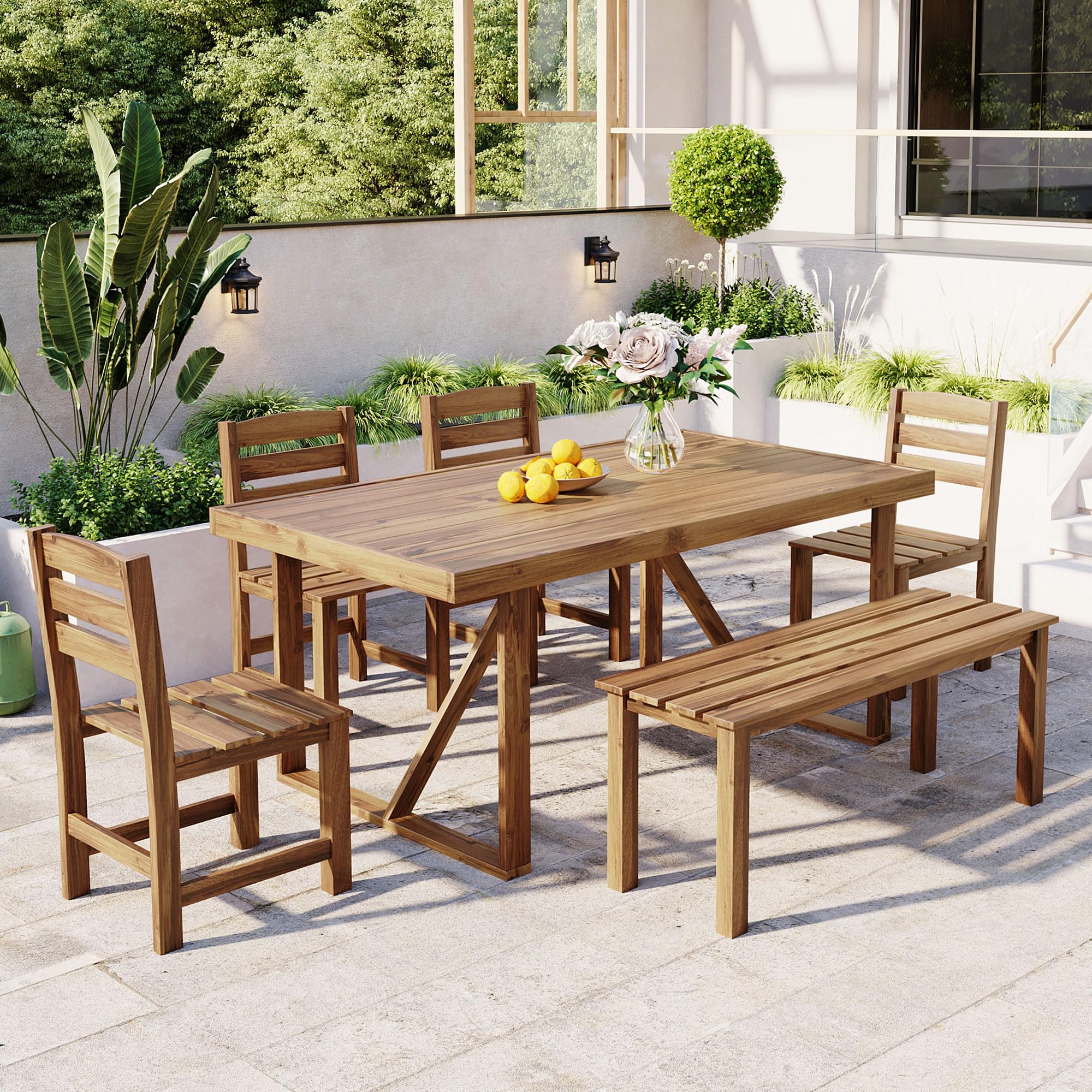 RuiSiSi 6 Piece Outdoor Dining Table Set with 4 Chairs and 1 Bench, Acacia Wood Outdoor Table and Chairs Set for 6 Persons, All Weather Patio Dining Table Set for Balcony, Backyard, Garden, Natural