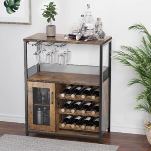 IDEALHOUSE 3-Tier Wine Bar Cabinet with Detachable Wine Rack and Storage Space, Buffet Cabinet with Glass Holder and Mesh Door, for Kitchen, Living Room and Bar (Rustic Brown)