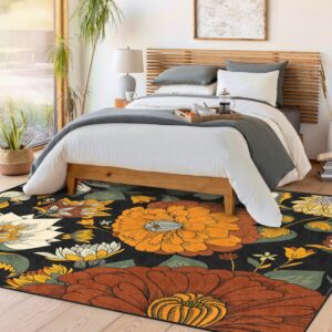 Tyrot Black Boho Floral Living Room Rugs Washable 8x10 Area Rug for Bedroom Farmhouse Non Slip Soft Mid Century Modern Accent Rugs Abstract Botanical Floor Carpet for Dining Room Grils Kids Room