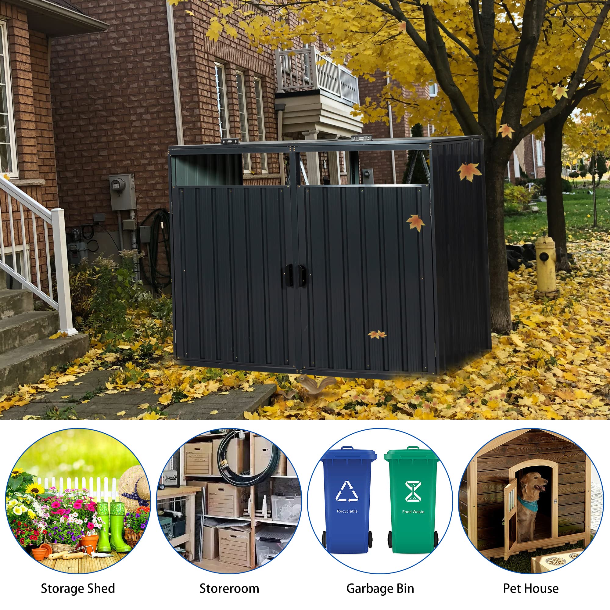 Metal Outdoor Garbage Bin Storage Shed, Rpuzonier Trash Bin Storage Shed with Doors and Lifting Lids, Tool Storage Shed for Garden Yard Lawn (for 2 Cans)