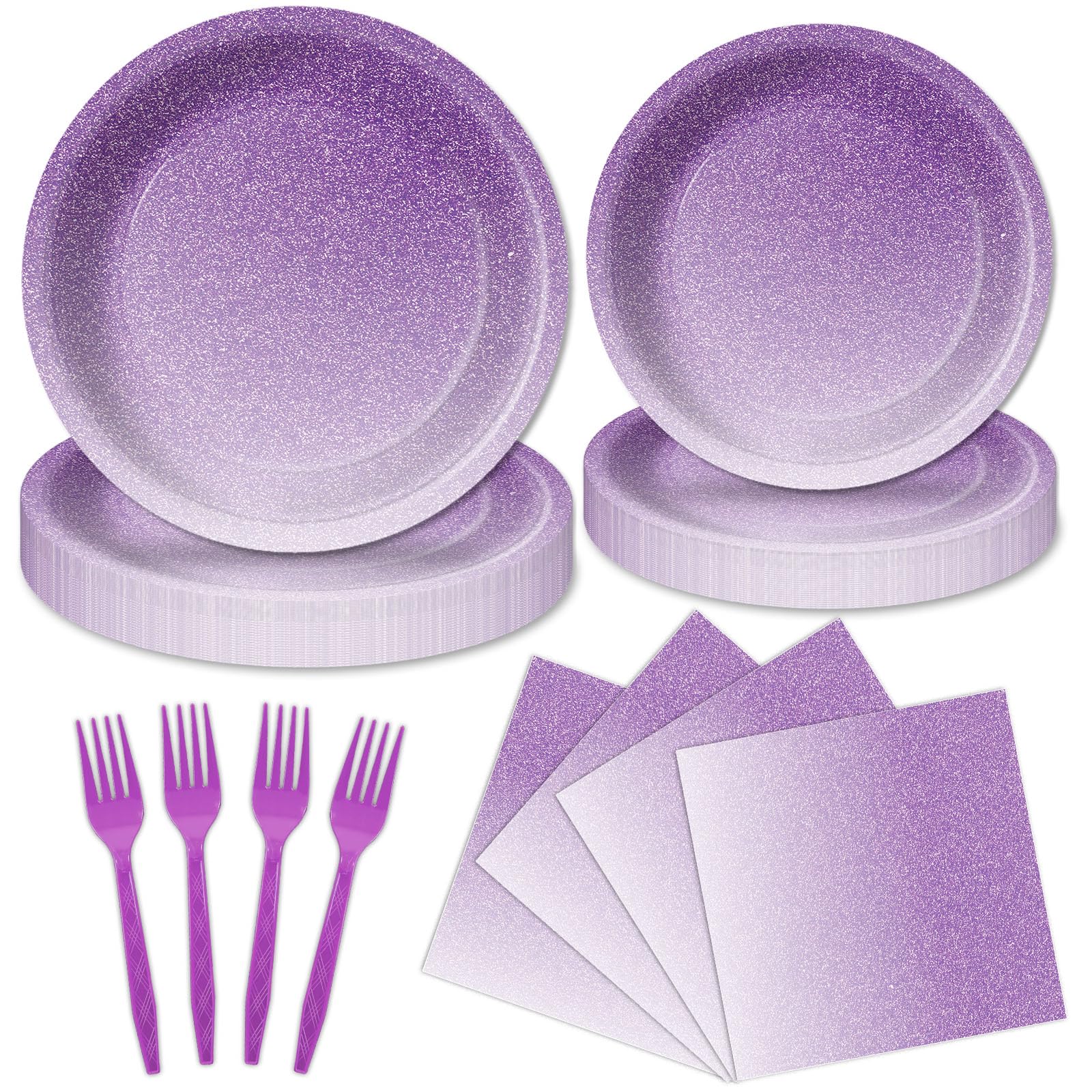 96Pcs Ombre Purple Party Decorations Supplies for Birthday Tableware Set Light Pastel Purple Paper Plates Napkins Forks for 24 Guests Wedding Anniversary Lavender Dinnerware Table Party Favors