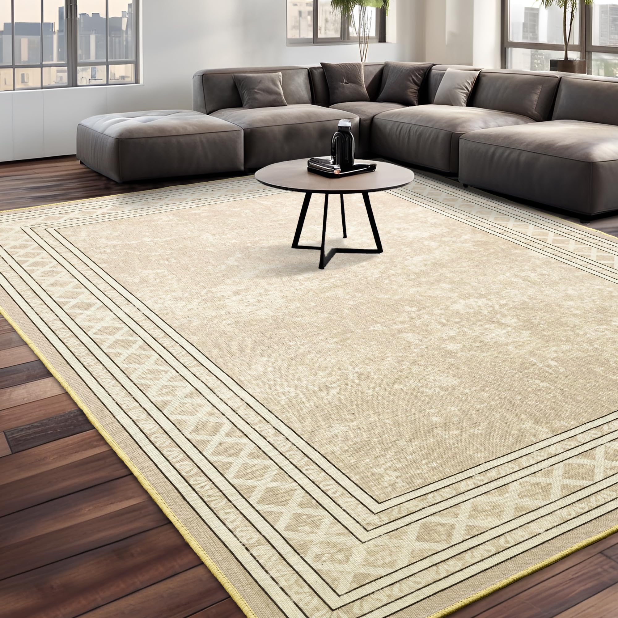 Tepook Modern Bordered 4x6 Area Rugs for Bedroom Aesthetic, Indoor Machine Washable Rugs for Living Room, Low Pile Throw Rugs with Rubber Backing for Office Dining Room Kitchen, Beige