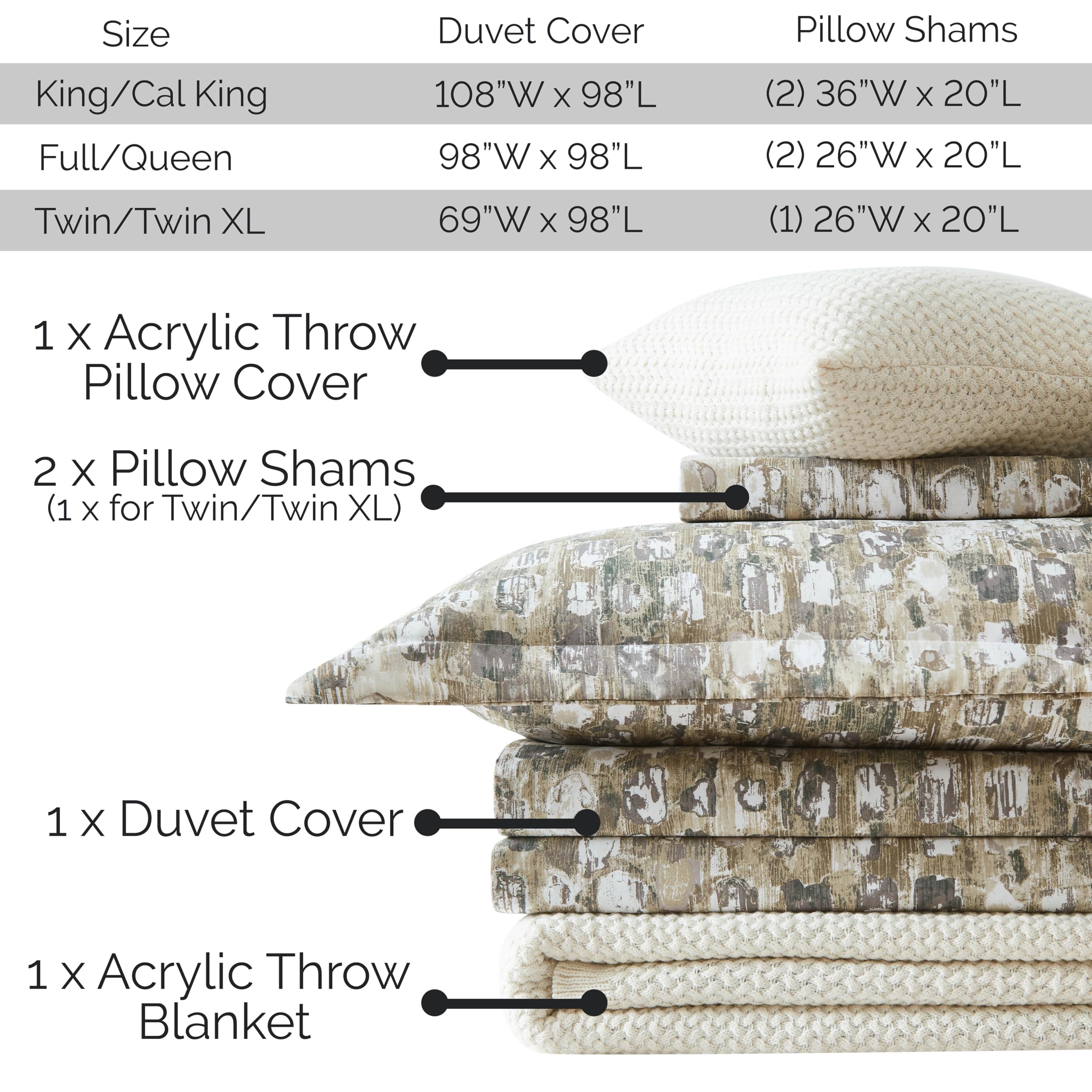 Southshore Fine Living, Inc. 4-Piece Twin XL/Twin Duvet Cover, Twin Bedding Set with Beige Duvet Cover, Pillow Sham, Throw Pillow Cover and Throw Blanket for Bed, Twin or Twin XL, Rhythm Taupe