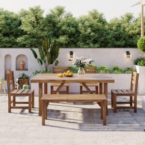 ruisisi 6 piece outdoor dining table set with 4 chairs and 1 bench, acacia wood outdoor table and chairs set for 6 persons, all weather patio dining table set for balcony, backyard, garden, natural