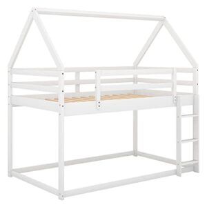 Bellemave Twin Over Twin House Bunk Bed for Kids,Floor Bunk Beds with Ladder and Guardrails,Solid Wood Twin Size Low Bunk Bed for Girls Boys,White