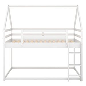 Bellemave Twin Over Twin House Bunk Bed for Kids,Floor Bunk Beds with Ladder and Guardrails,Solid Wood Twin Size Low Bunk Bed for Girls Boys,White