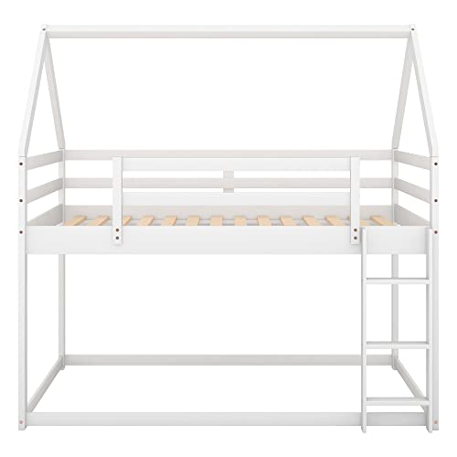 Bellemave Twin Over Twin House Bunk Bed for Kids,Floor Bunk Beds with Ladder and Guardrails,Solid Wood Twin Size Low Bunk Bed for Girls Boys,White